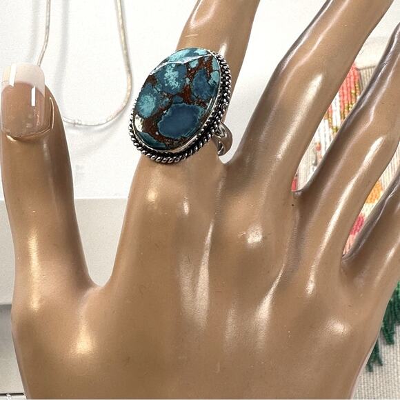 💕 Turquoise silver plated ring stamped 925 size 7.5 handmade beautiful. - Picture 2 of 2